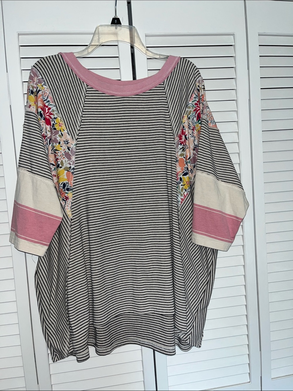 easel black and creamStriped Tunic with Pink Floral Accent